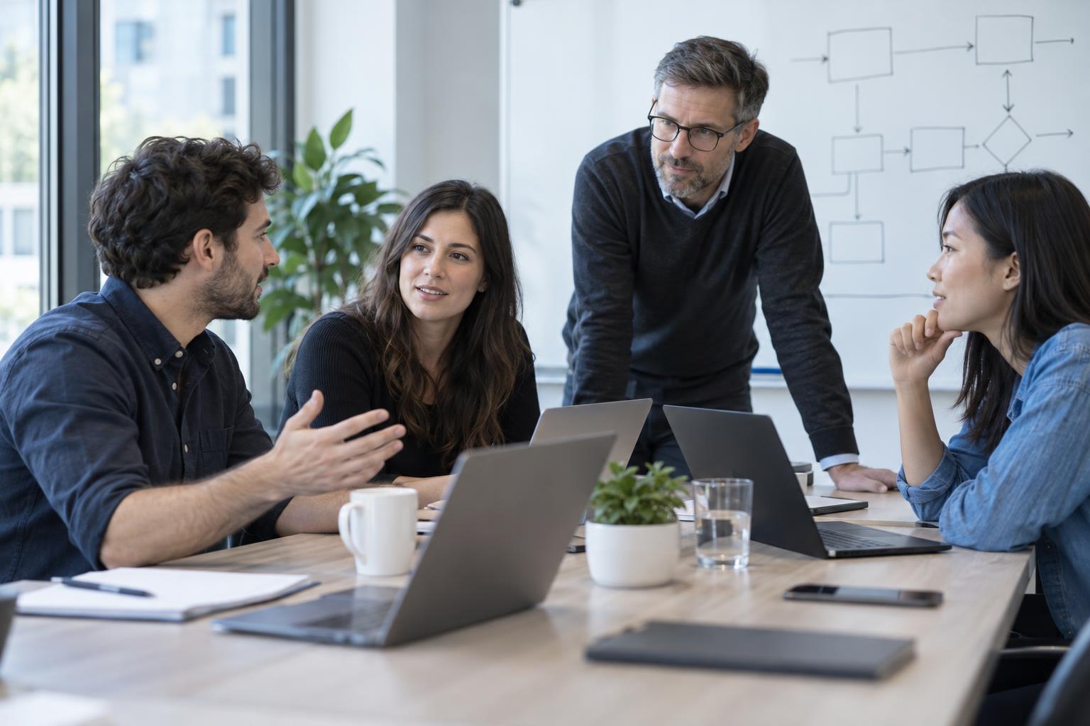 A small team of marketers and technical specialists working together around a table, with a workflow sketched on the whiteboard behind them