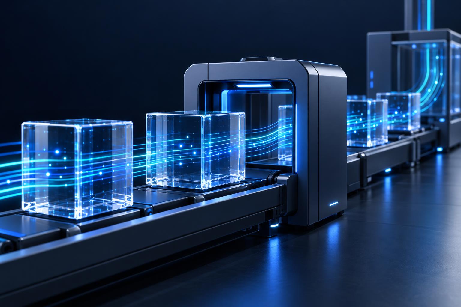 Abstract glass blocks connected by glowing data lines