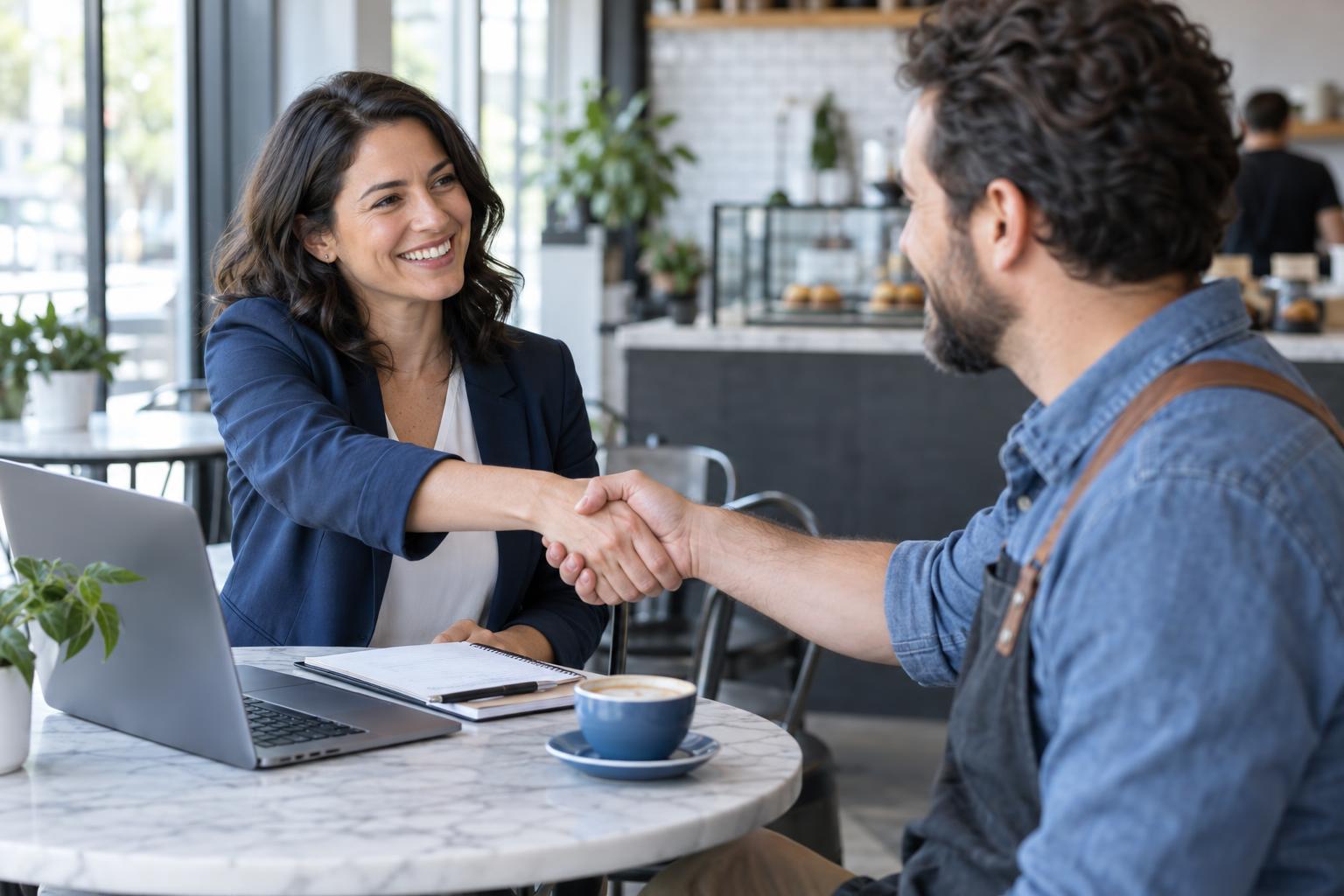 A consultant shakes hands with a small business owner across a cafe table
