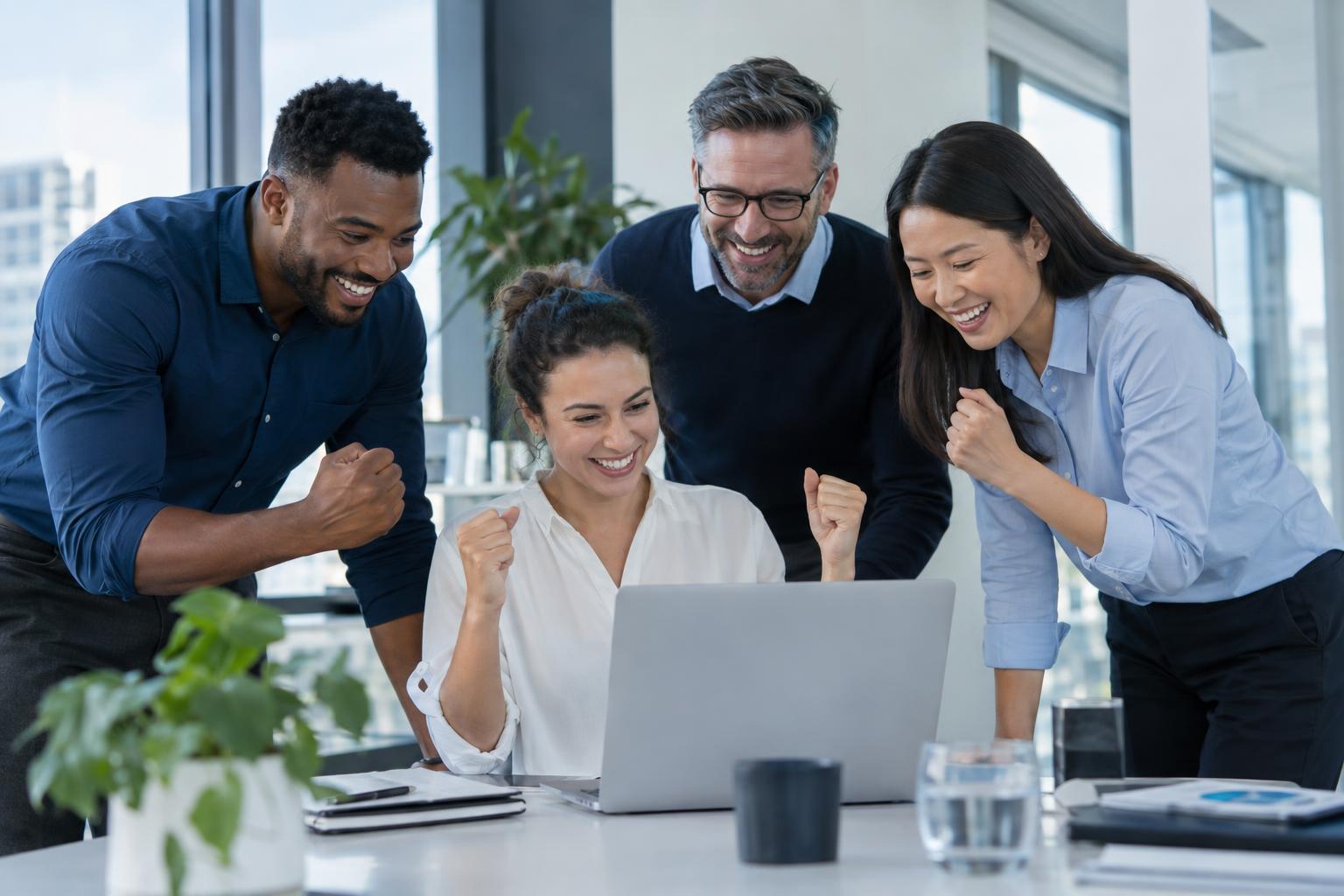 A team shares a good moment around a laptop in a bright office