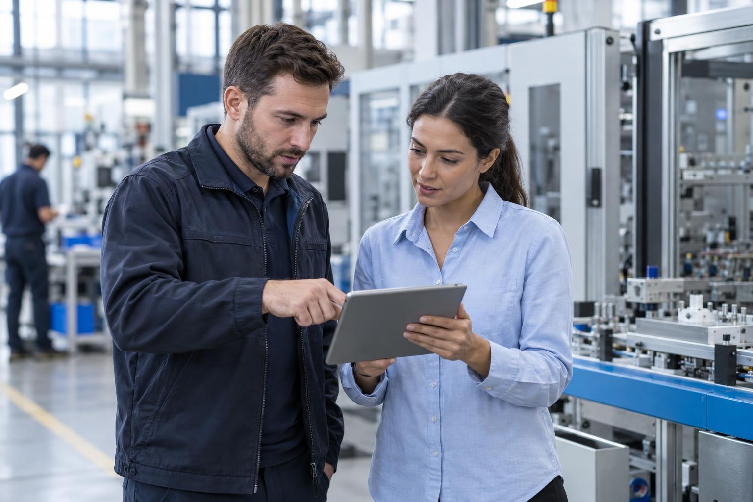 Two colleagues review information on a tablet inside a modern manufacturing facility