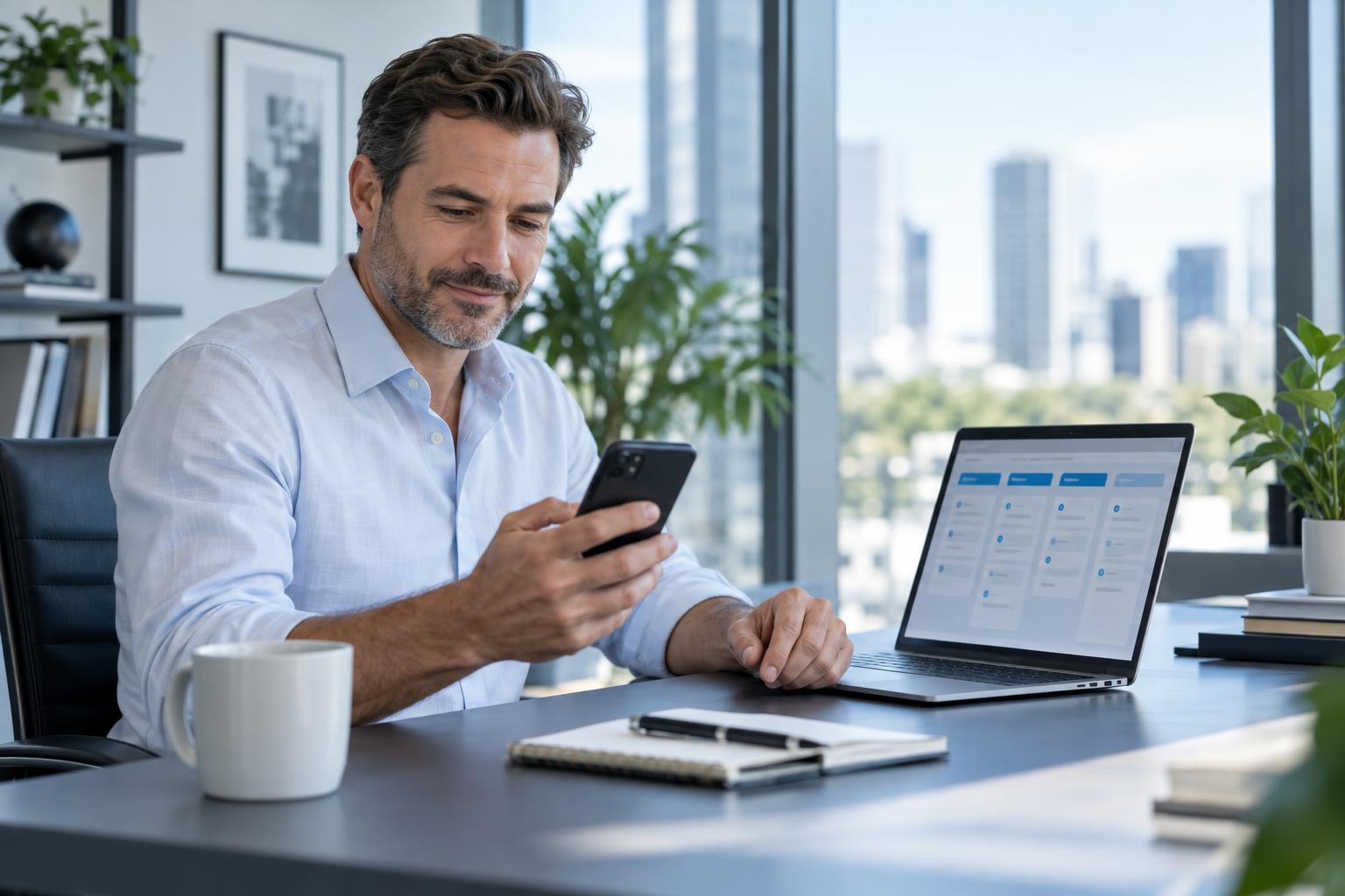 A business owner checks a phone next to a laptop showing a simple sales dashboard
