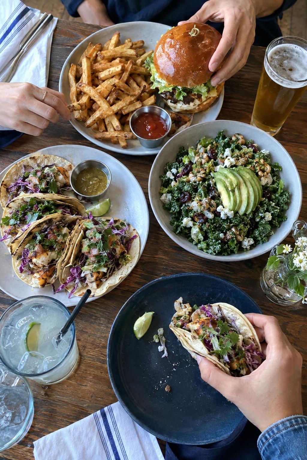 Overhead shot of tacos, a burger, salad and drinks shared on a restaurant table