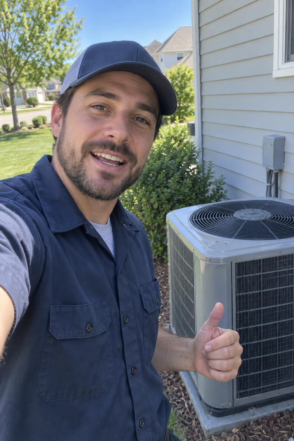 An HVAC technician films a selfie-style video beside an outdoor AC unit