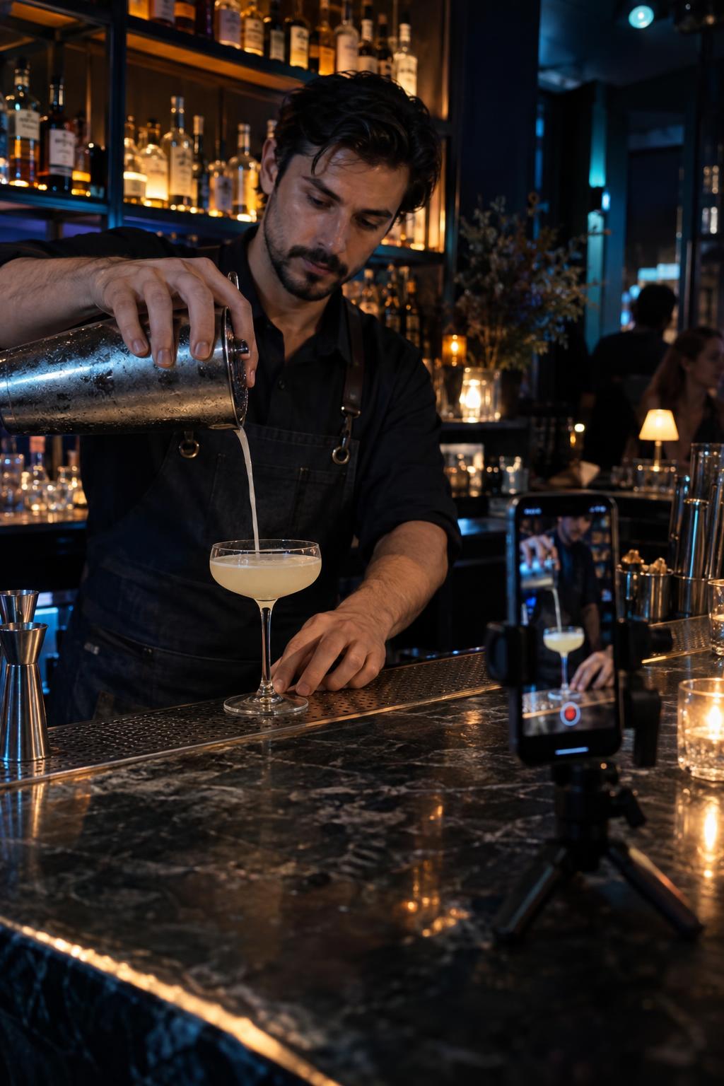 Bartender pouring a cocktail while a phone on a small tripod films the pour